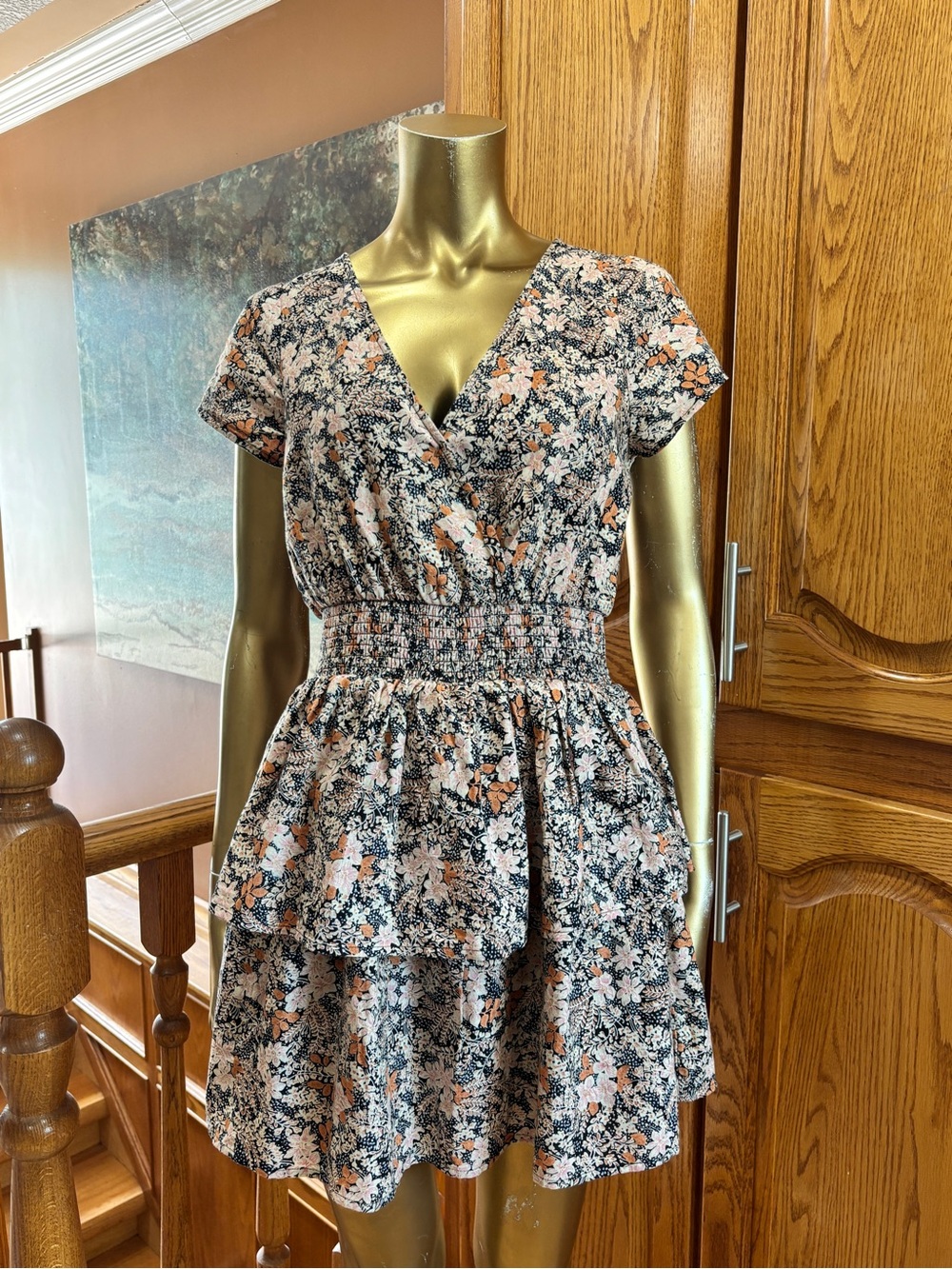 American Eagle Outfitters Peach & Black Floral Wrap Mini Dress